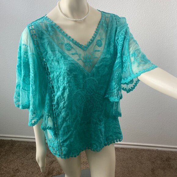 Sapphire Anthropology brand turquoise intricate lace boho top. Sz Large petite. - Picture 2 of 12
